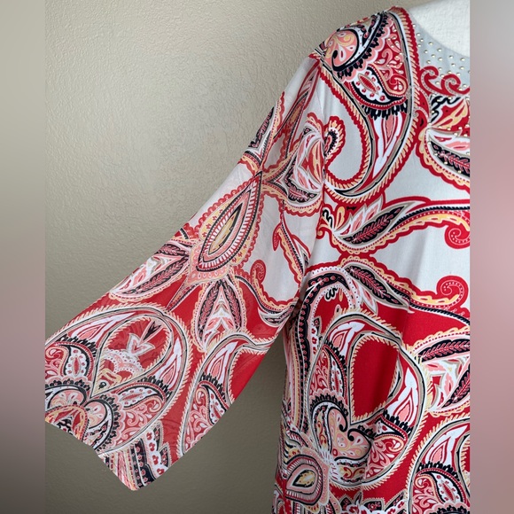 JM Collection Red & Yellow 3/4 Sleeve Blouse. Side Slits. Size- XL - Picture 4 of 10